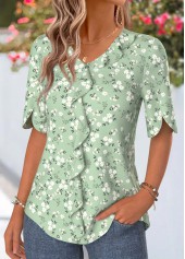 Ditsy Floral Print Curved Hem Sage Green Blouse