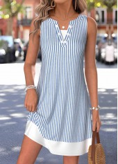 Striped Fake 2in1 Dusty Blue Short Sleeveless Dress