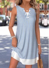 Striped Fake 2in1 Dusty Blue Short Sleeveless Dress