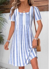 Striped Tummy Coverage Light Blue Short Square Neck Dress