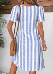 Striped Tummy Coverage Light Blue Short Square Neck Dress