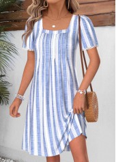 Striped Tummy Coverage Light Blue Short Square Neck Dress