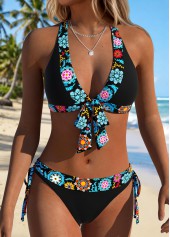 Mid Waisted Tribal Print Patchwork Black Bikini Set
