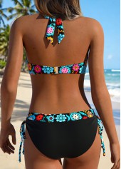 Mid Waisted Tribal Print Patchwork Black Bikini Set