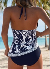 Mid Waisted Tropical Plants Print Patchwork Navy Tankini Set