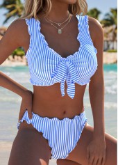 Mid Waisted Striped Bowknot Light Blue Bikini Set