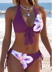 Mid Waisted Floral Print Patchwork Bikini Set