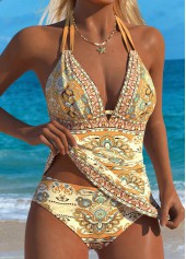 Mid Waisted Tribal Print Two-piece Dark Camel Tankini Set