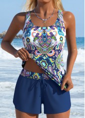 Mid Waisted Tribal Print Two-piece Black Tankini Set