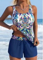 Mid Waisted Tribal Print Two-piece Black Tankini Set