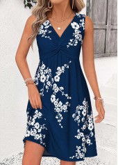 Floral Print Shirred Navy Short Sleeveless V Neck Dress