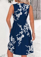 Floral Print Shirred Navy Short Sleeveless V Neck Dress