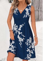 Floral Print Shirred Navy Short Sleeveless V Neck Dress