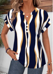Geometric Print Curved Hem Navy Short Sleeve Blouse