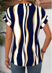 Geometric Print Curved Hem Navy Short Sleeve Blouse