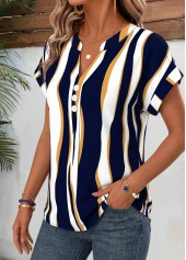 Geometric Print Curved Hem Navy Short Sleeve Blouse