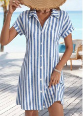 Striped Tummy Coverage Denim Blue Short Shirt Collar Dress