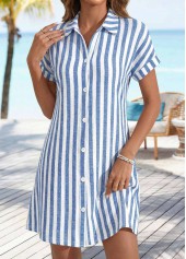 Striped Tummy Coverage Denim Blue Short Shirt Collar Dress