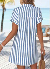 Striped Tummy Coverage Denim Blue Short Shirt Collar Dress