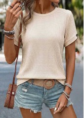 Patchwork Beige Short Sleeve Round Neck T Shirt