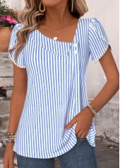 Striped Shirred Blue Short Sleeve Blouse