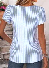 Striped Shirred Blue Short Sleeve Blouse