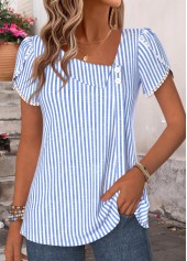 Striped Shirred Blue Short Sleeve Blouse