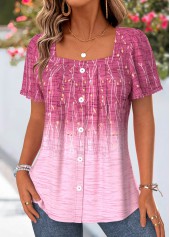 Ombre Tummy Coverage Pink Short Sleeve Square Neck Blouse