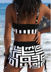Mid Waisted Geometric Print Drawstring Black Bikini Set