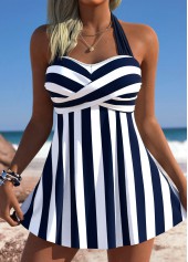 Mid Waisted Striped Navy Tankini Set