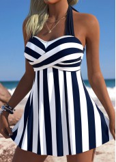 Mid Waisted Striped Navy Tankini Set