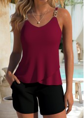 Mid Waisted Layered Wine Red Tankini Set