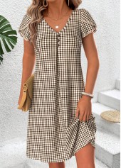Plaid Tummy Coverage Light Coffee Short V Neck Dress