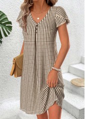 Plaid Tummy Coverage Light Coffee Short V Neck Dress