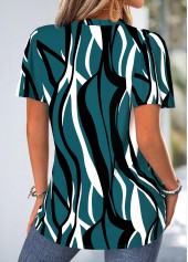 Geometric Print Frill Blackish Green Short Sleeve Blouse