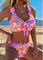Mid Waisted Floral Print Scalloped Hem Pink Bikini Set