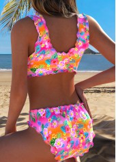 Mid Waisted Floral Print Scalloped Hem Pink Bikini Set