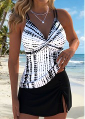 Mid Waisted Tie Dye Print Surplice Black Tankini Set