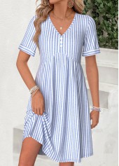 Striped Shirred Light Blue Short V Neck Dress