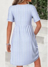 Striped Shirred Light Blue Short V Neck Dress