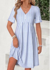 Striped Shirred Light Blue Short V Neck Dress