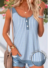 Striped Button Denim Blue Sleeveless Round Neck Tank Top