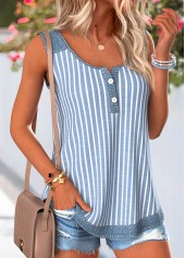 Striped Button Denim Blue Sleeveless Round Neck Tank Top
