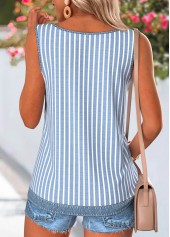 Striped Button Denim Blue Sleeveless Round Neck Tank Top
