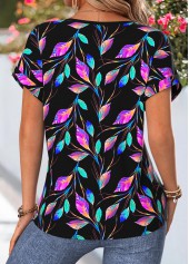 Floral Print Tummy Coverage Black Short Sleeve Blouse