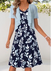 Leaf Print Tummy Coverage Light Blue Dress and Cardigan