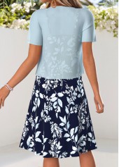 Leaf Print Tummy Coverage Light Blue Dress and Cardigan