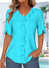 Ruffle Cyan Half Sleeve V Neck Blouse