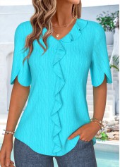 Ruffle Cyan Half Sleeve V Neck Blouse