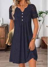Patchwork Navy Short Split Neck Dress